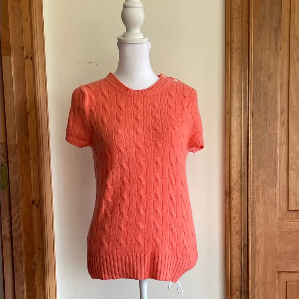 J. Crew Vibrant Coral Cashmere Short Sleeve Crewneck Cardigan S